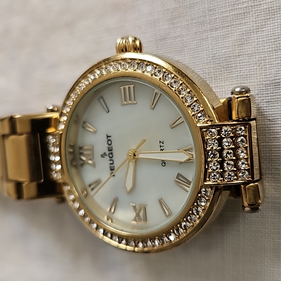 Peugeot Women's Round Crystal Gold Watch With Gold Strap Link Band - Picture 2 of 8